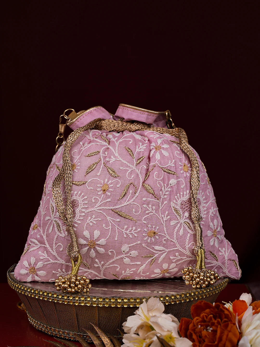 Ada Hand Embroidered Pink Silk Lucknowi Chikankari Potli With Zari Work 01A784294