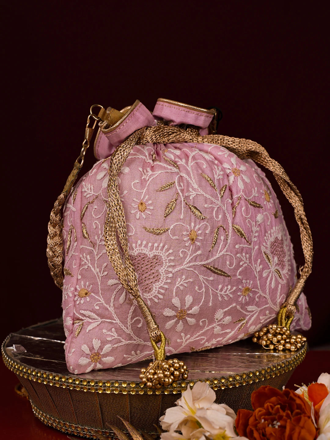 Ada Hand Embroidered Pink Silk Lucknowi Chikankari Potli With Zari Work 01A784294