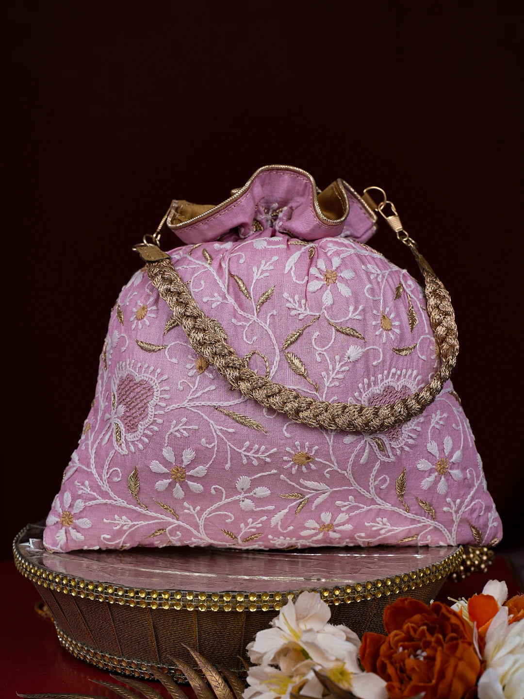 Ada Hand Embroidered Pink Silk Lucknowi Chikankari Potli With Zari Work 01A784294