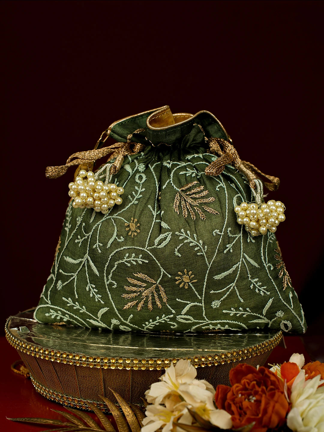 Ada Hand Embroidered Green Silk Lucknowi Chikankari Potli With Zari Work 01A692716
