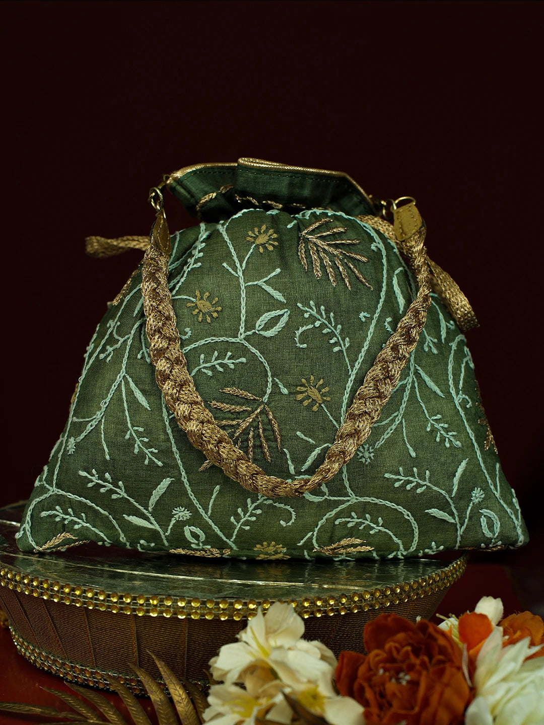 Ada Hand Embroidered Green Silk Lucknowi Chikankari Potli With Zari Work 01A692716