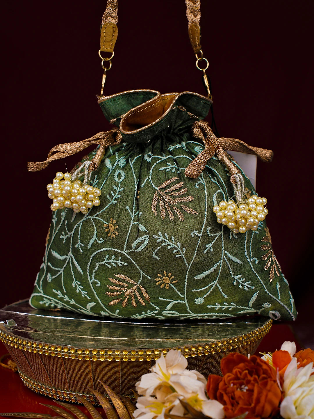 Ada Hand Embroidered Green Silk Lucknowi Chikankari Potli With Zari Work 01A692716
