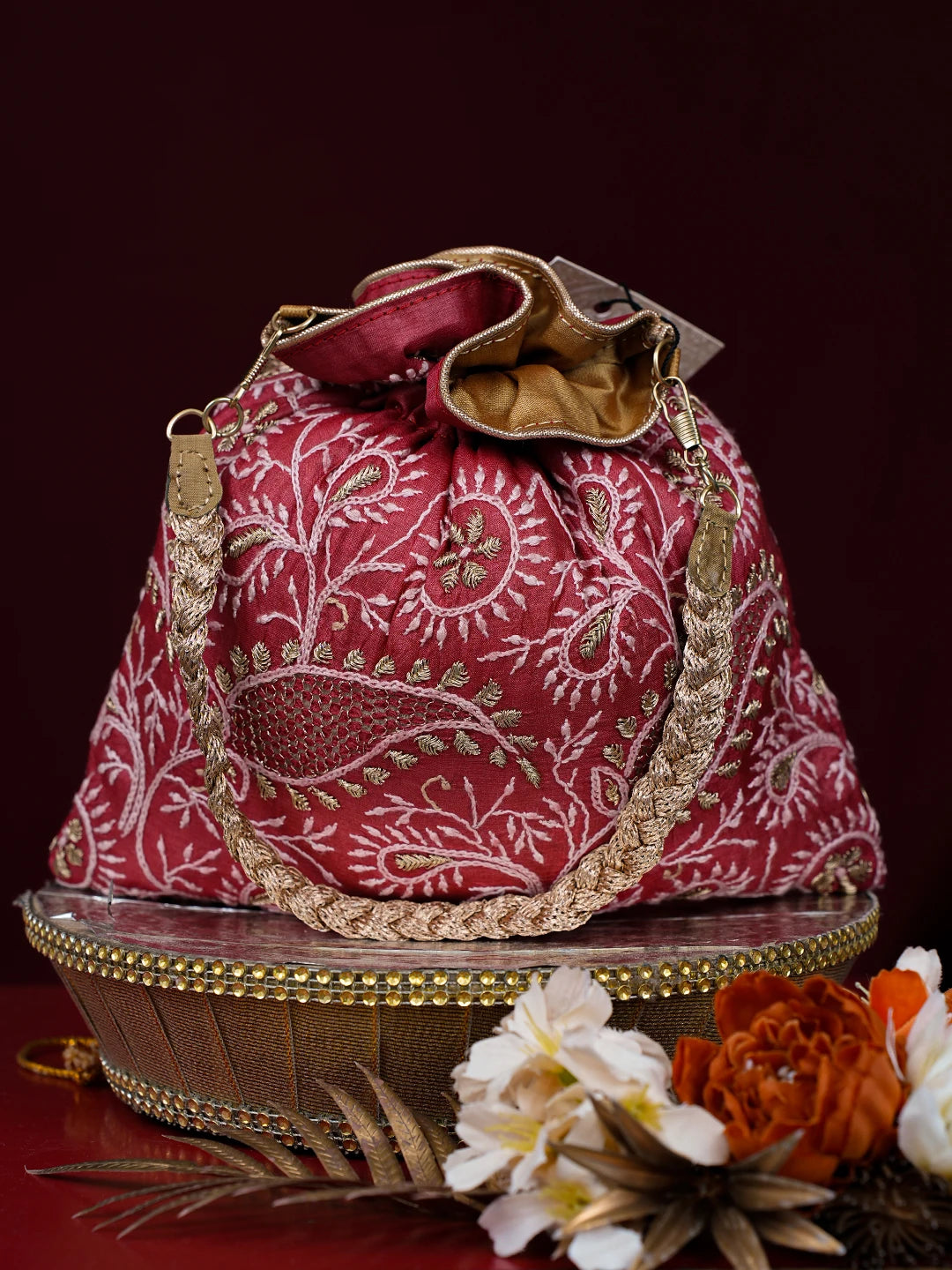 Ada Hand Embroidered Red Silk Lucknowi Chikankari Potli With Zari Work 01A775752