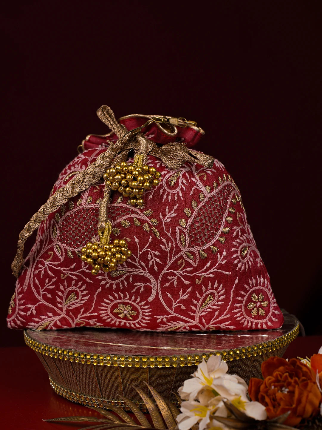 Ada Hand Embroidered Red Silk Lucknowi Chikankari Potli With Zari Work 01A775752