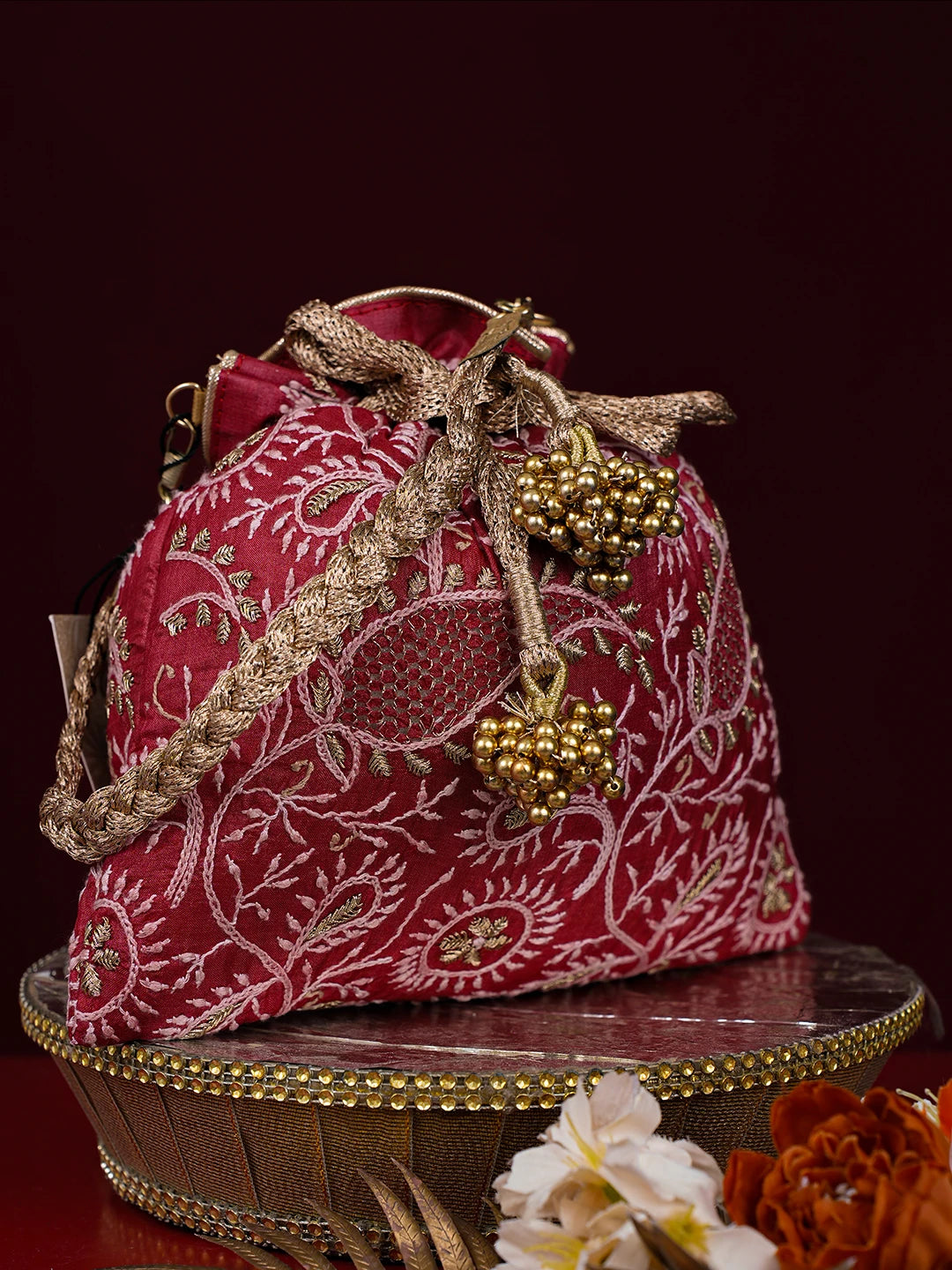 Ada Hand Embroidered Red Silk Lucknowi Chikankari Potli With Zari Work 01A775752