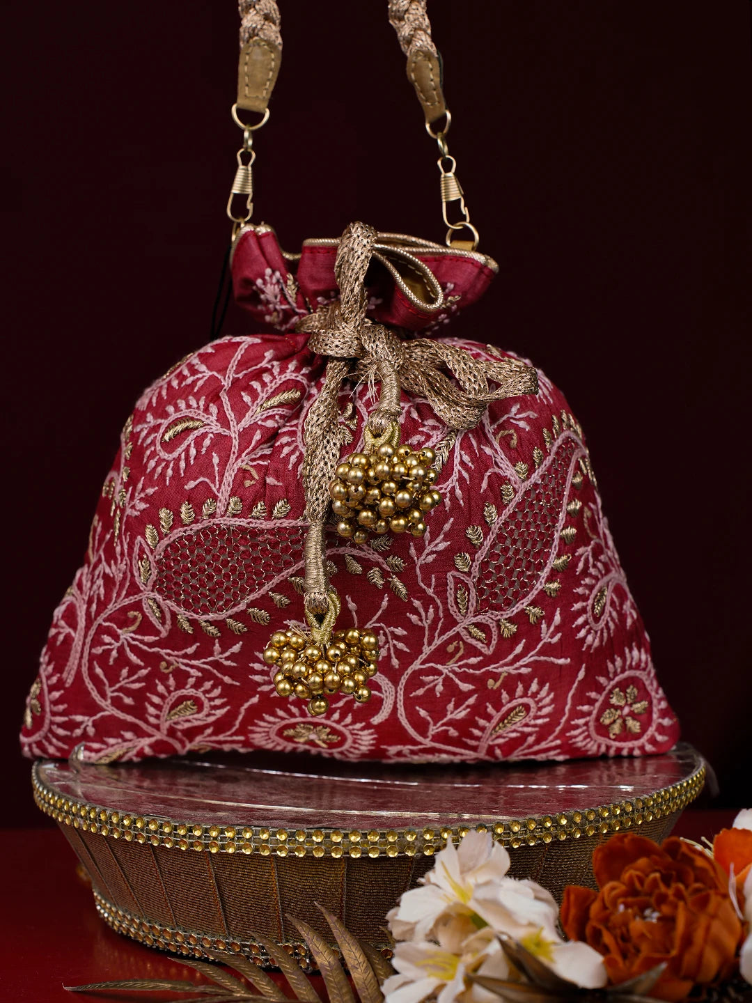 Ada Hand Embroidered Red Silk Lucknowi Chikankari Potli With Zari Work 01A775752