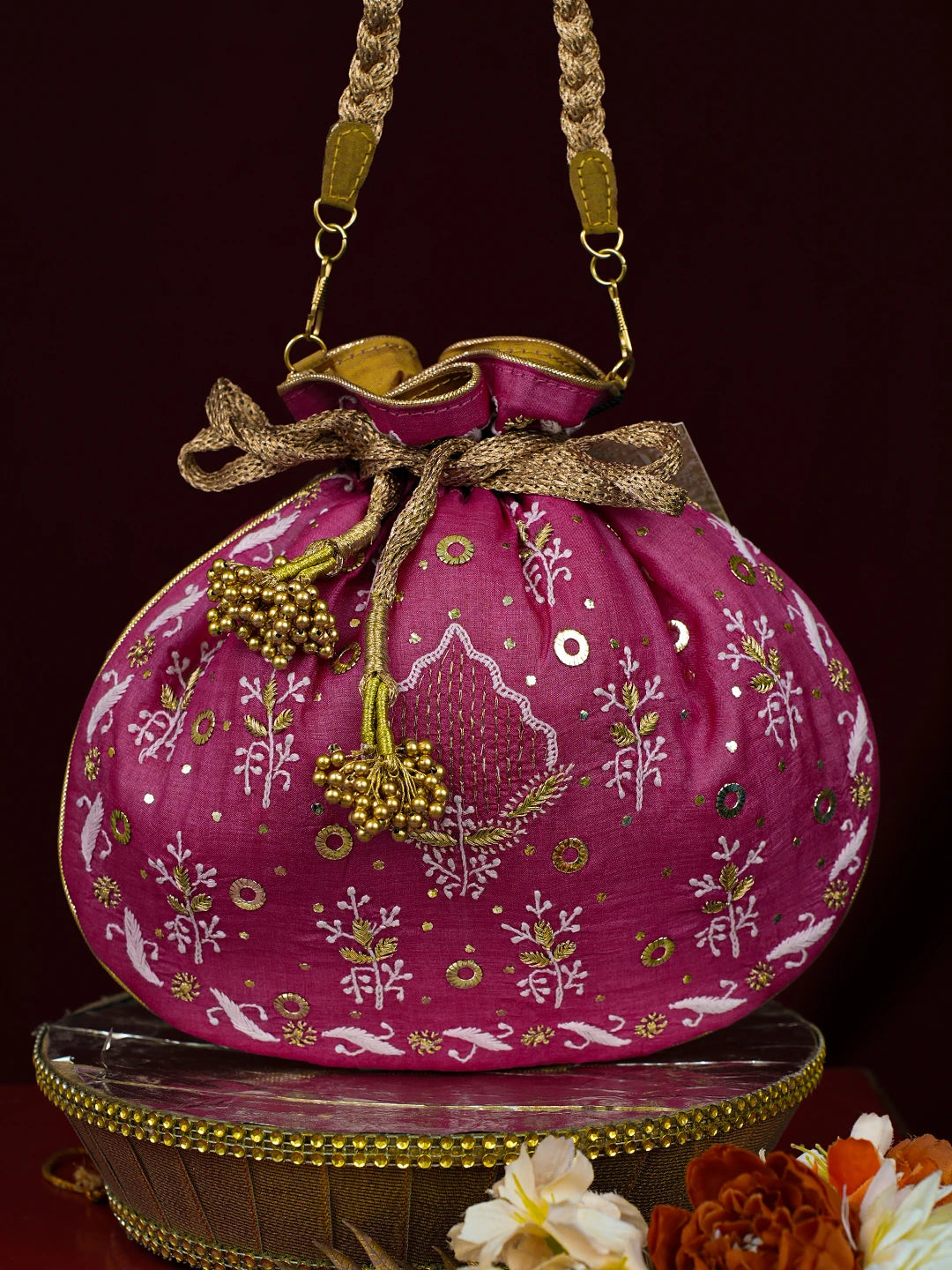 Ada Hand Embroidered Magenta Silk Lucknowi Chikankari Potli With Zari Work 01A768440