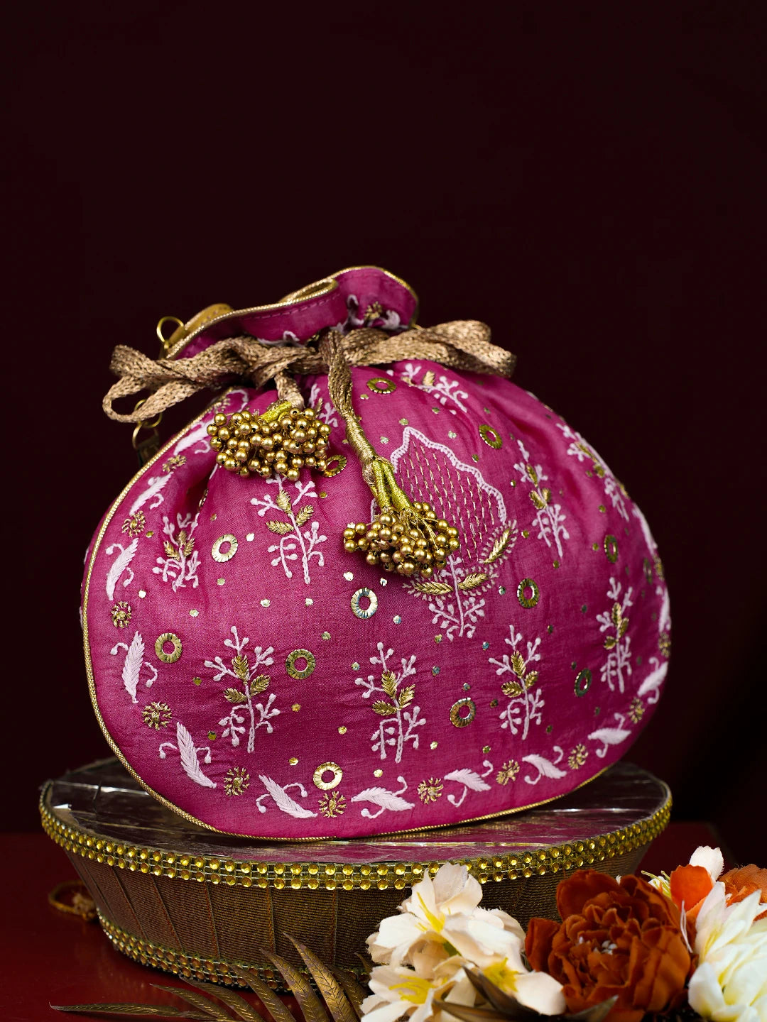 Ada Hand Embroidered Magenta Silk Lucknowi Chikankari Potli With Zari Work 01A768440