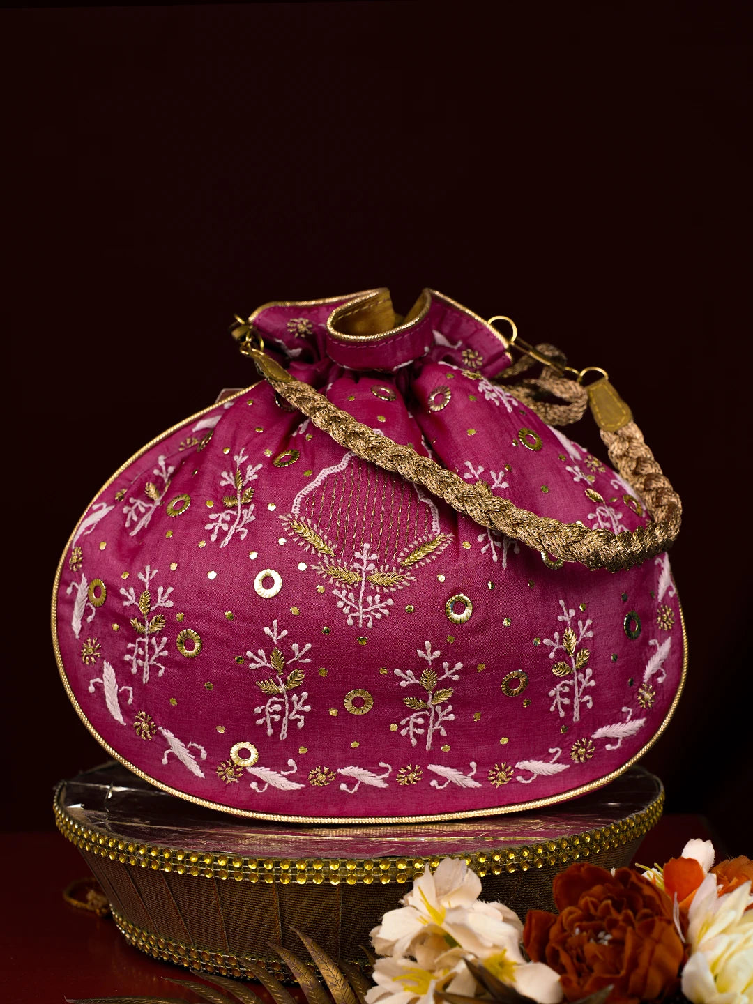 Ada Hand Embroidered Magenta Silk Lucknowi Chikankari Potli With Zari Work 01A768440