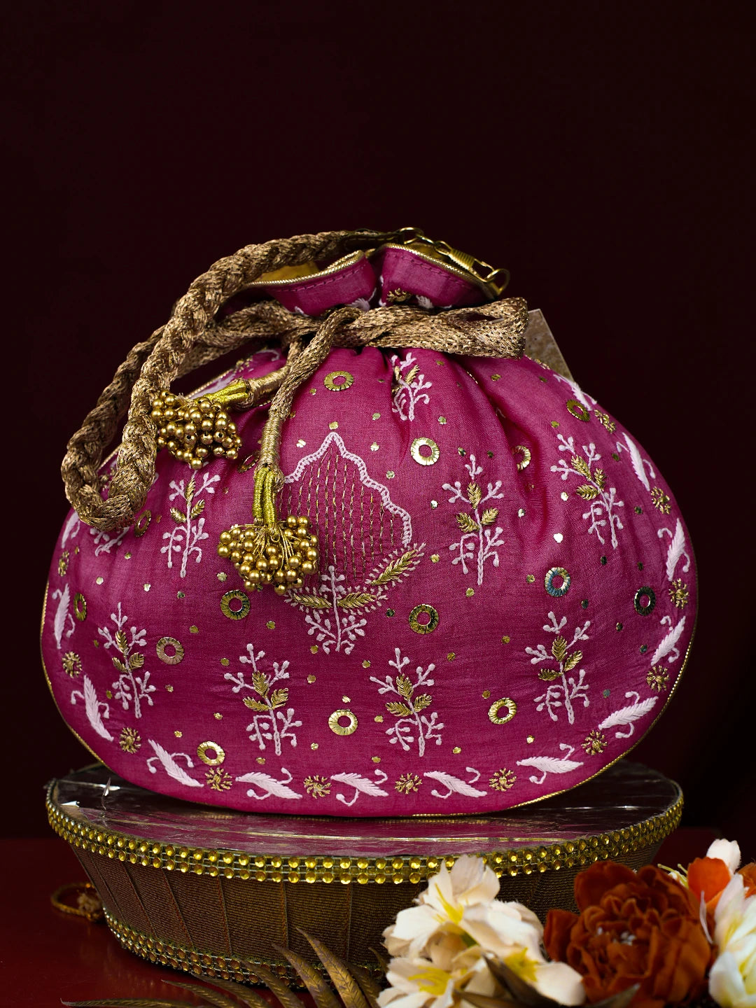 Ada Hand Embroidered Magenta Silk Lucknowi Chikankari Potli With Zari Work 01A768440