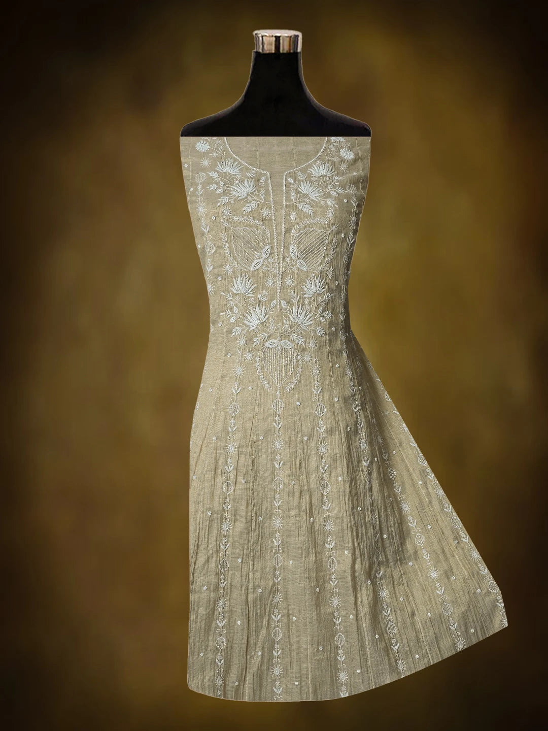 Ada Hand Embroidered Fawn Tissue Lucknowi Chikankari Semi-Stitched Anarkali Kurta Dupatta Set With Cutdana Work 01A799985