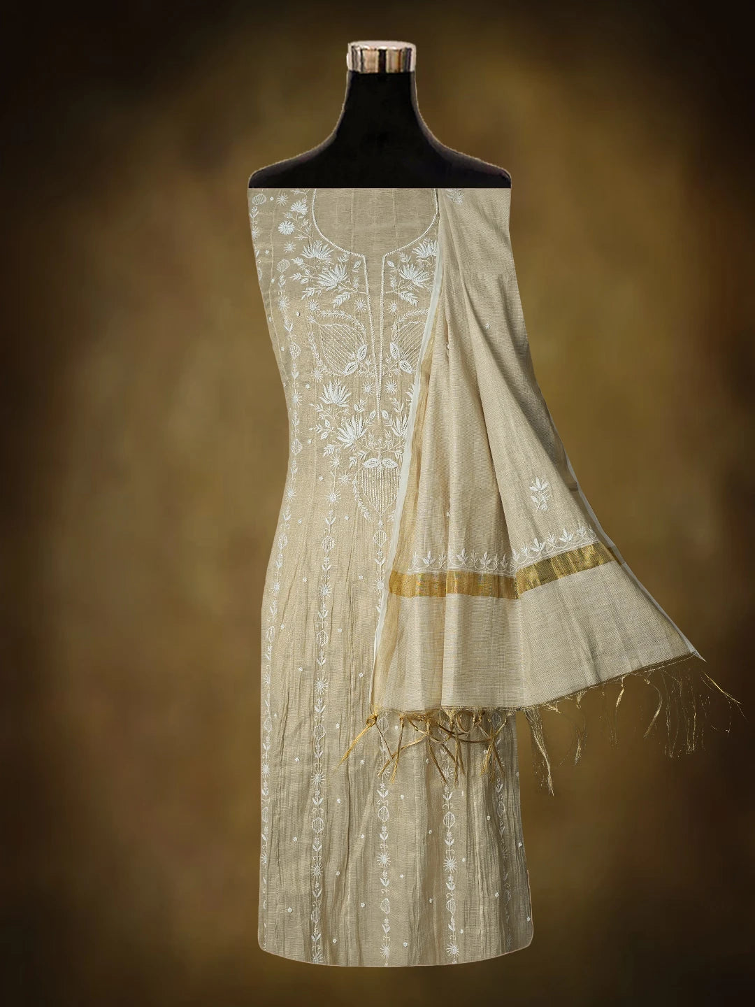 Ada Hand Embroidered Fawn Tissue Lucknowi Chikankari Semi-Stitched Anarkali Kurta Dupatta Set With Cutdana Work 01A799985