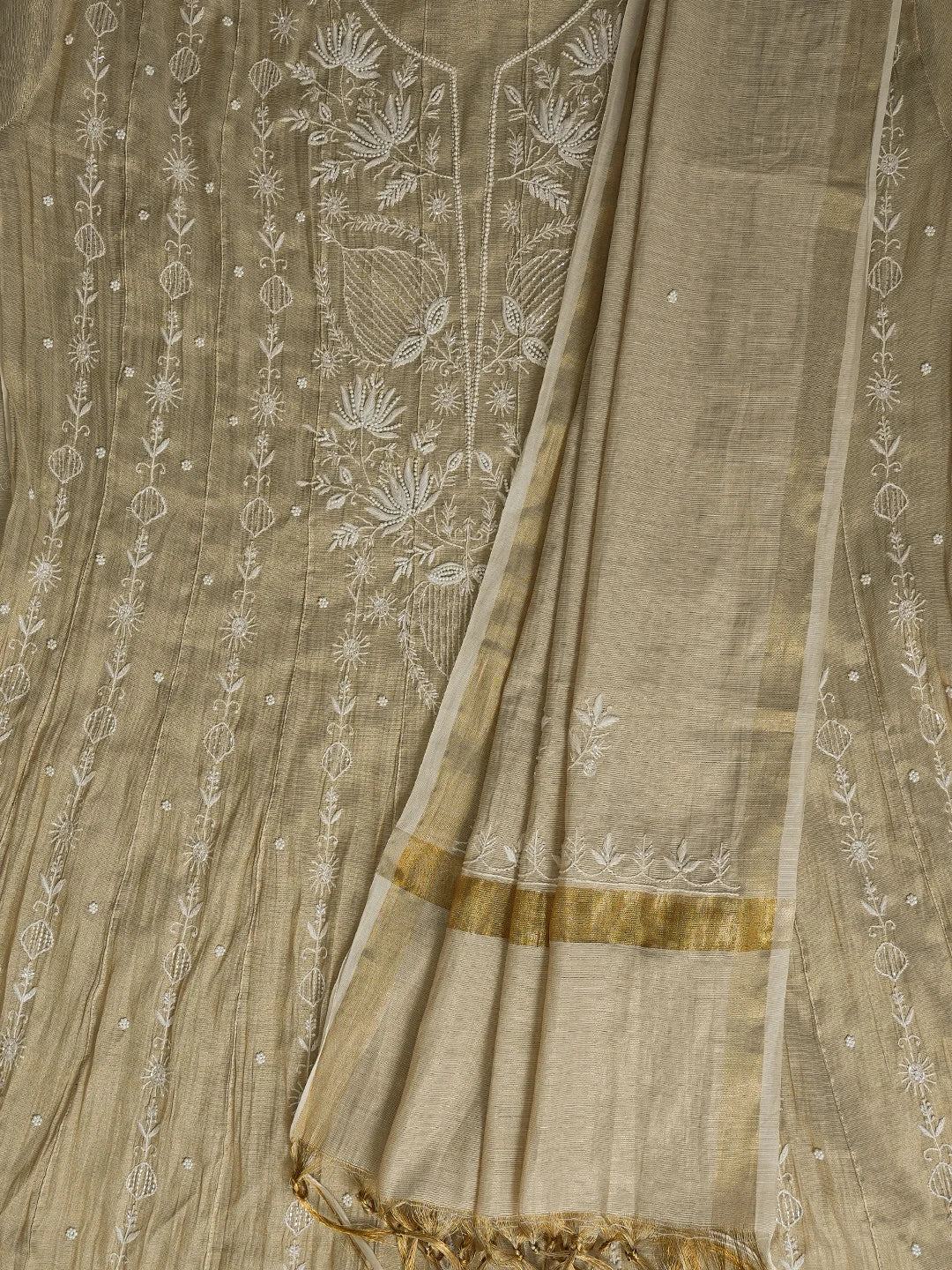 Ada Hand Embroidered Fawn Tissue Lucknowi Chikankari Semi-Stitched Anarkali Kurta Dupatta Set With Cutdana Work 01A799985