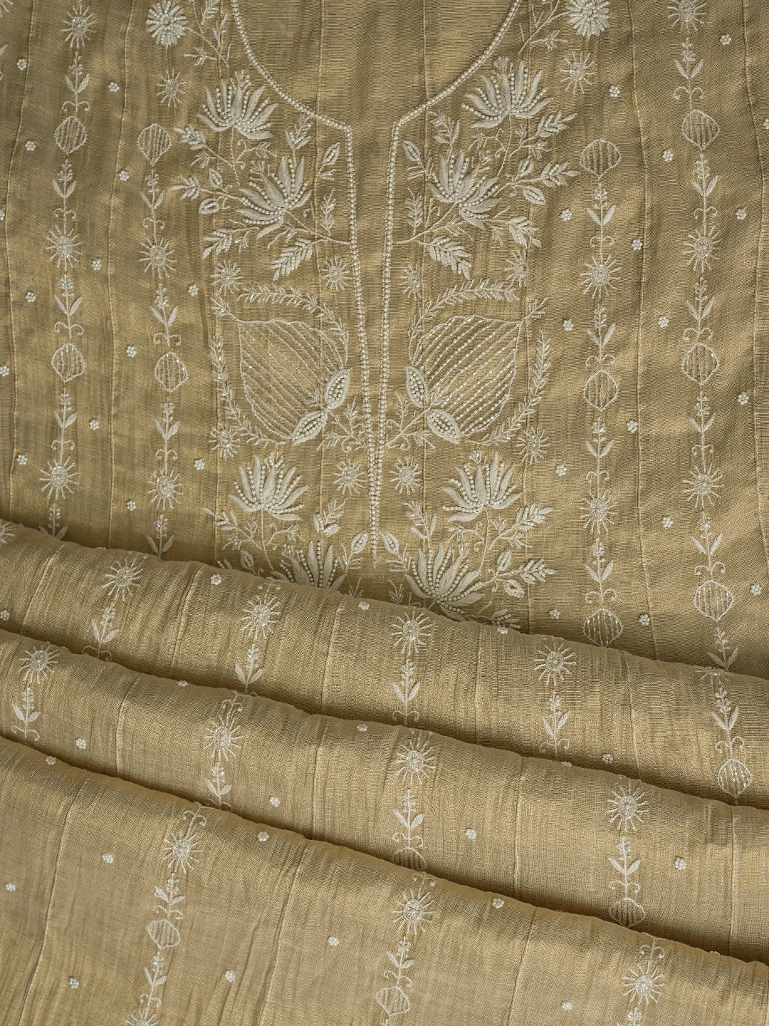 Ada Hand Embroidered Fawn Tissue Lucknowi Chikankari Semi-Stitched Anarkali Kurta Dupatta Set With Cutdana Work 01A799985