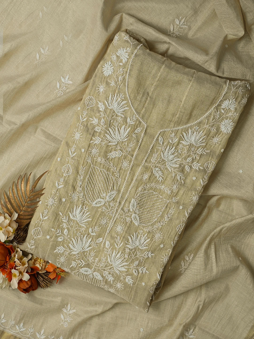 Ada Hand Embroidered Fawn Tissue Lucknowi Chikankari Semi-Stitched Anarkali Kurta Dupatta Set With Cutdana Work 01A799985