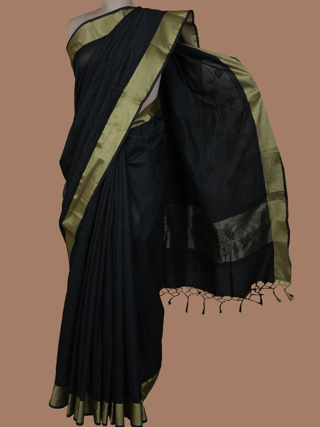Ada Hand Embroidered Black Chanderi Lucknowi Chikankari Saree and Blouse 01A780605