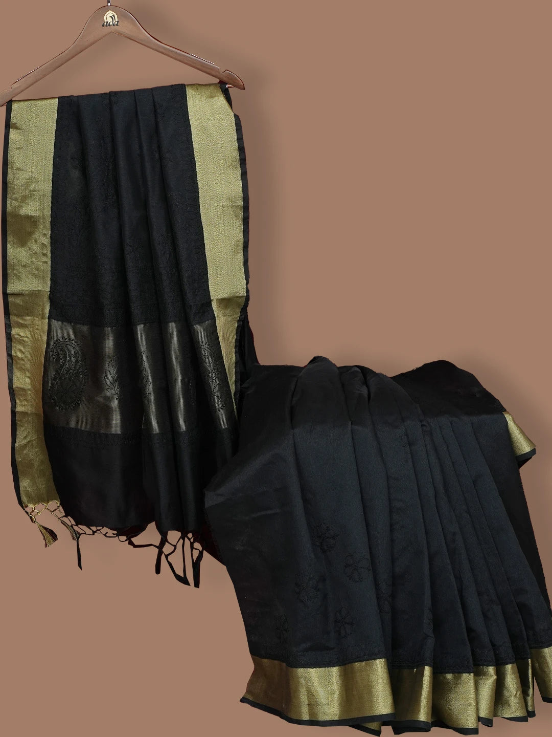 Ada Hand Embroidered Black Chanderi Lucknowi Chikankari Saree and Blouse 01A780605