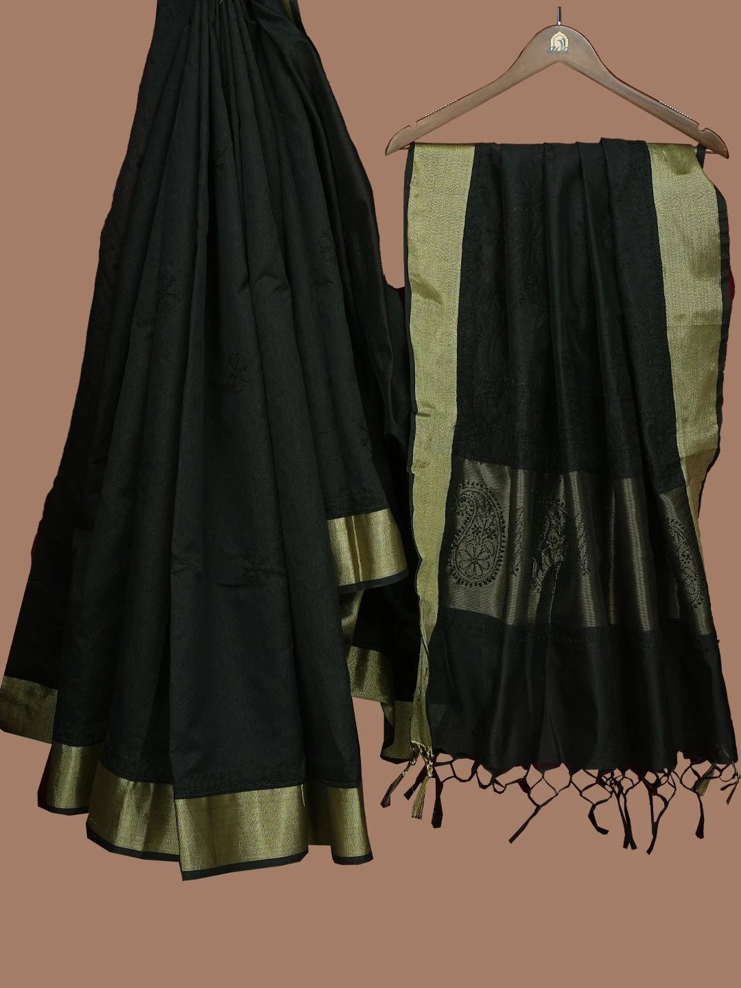 Ada Hand Embroidered Black Chanderi Lucknowi Chikankari Saree and Blouse 01A780605