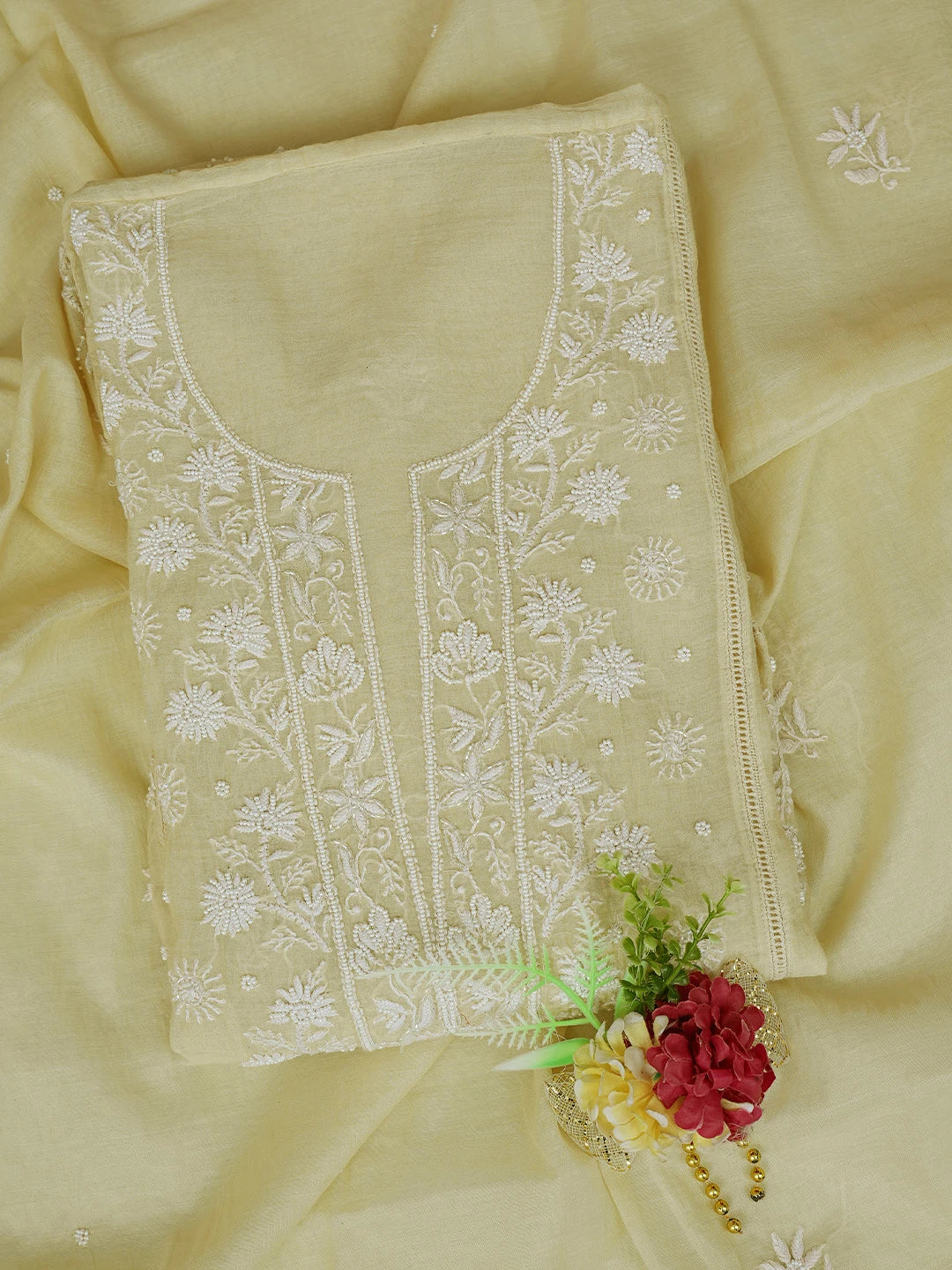 Ada Hand Embroidered Fawn Chanderi Lucknowi Chikankari Unstitched Kurta Dupatta Set With Pearl Work 01A749815