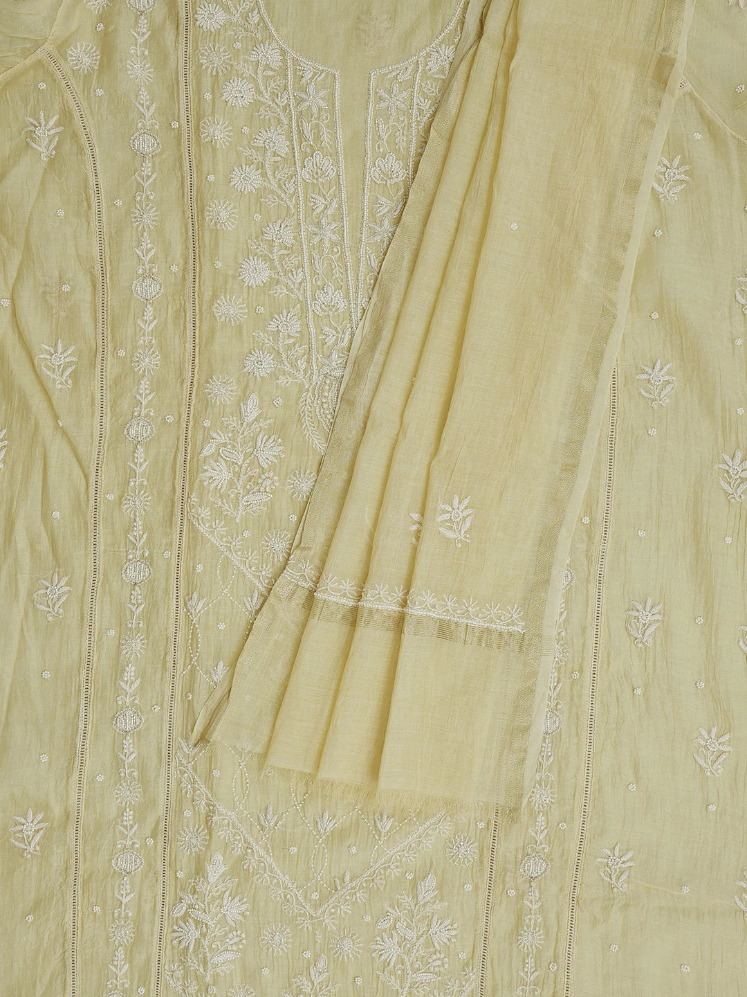 Ada Hand Embroidered Fawn Chanderi Lucknowi Chikankari Unstitched Kurta Dupatta Set With Pearl Work 01A749815