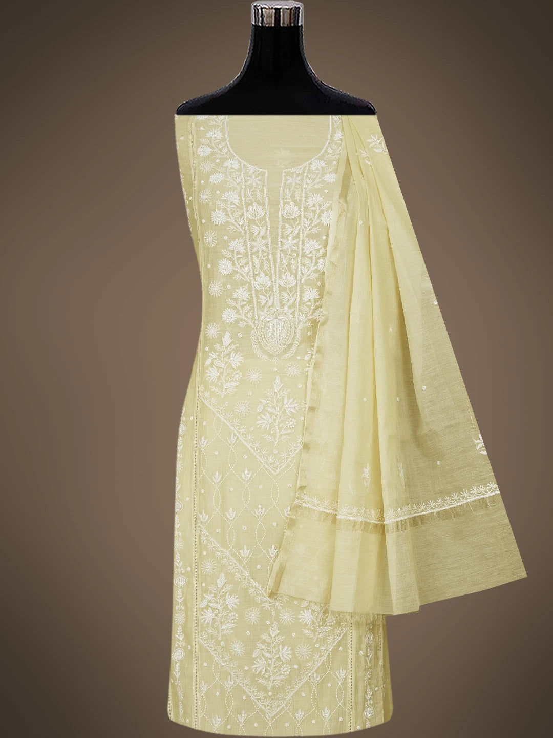 Ada Hand Embroidered Fawn Chanderi Lucknowi Chikankari Unstitched Kurta Dupatta Set With Pearl Work 01A749815
