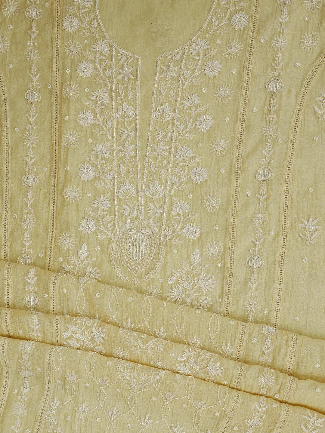 Ada Hand Embroidered Fawn Chanderi Lucknowi Chikankari Unstitched Kurta Dupatta Set With Pearl Work 01A749815