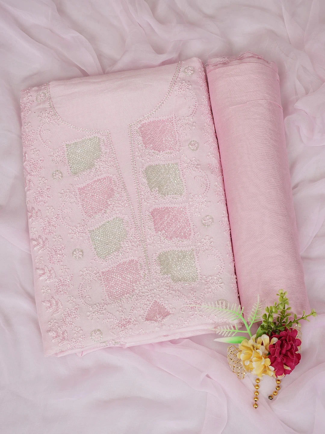 Ada Hand Embroidered Pink Muslin Lucknowi Chikankari Unstitched Suit Piece With Cutdana Work 01A746166
