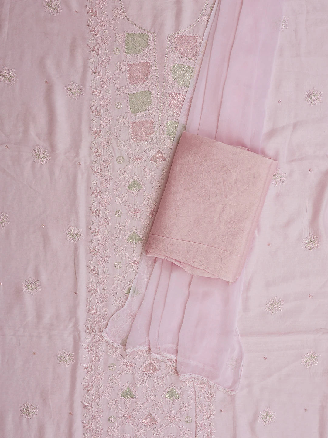 Ada Hand Embroidered Pink Muslin Lucknowi Chikankari Unstitched Suit Piece With Cutdana Work 01A746166