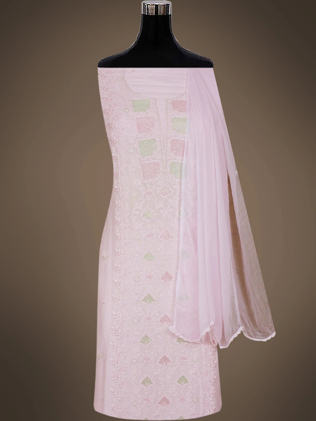 Ada Hand Embroidered Pink Muslin Lucknowi Chikankari Unstitched Suit Piece With Cutdana Work 01A746166