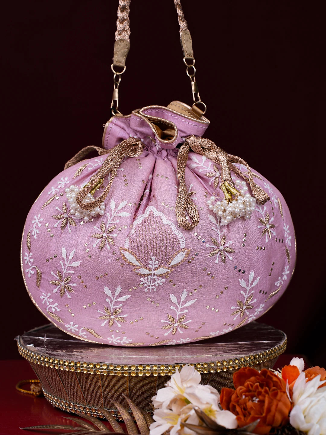 Ada Hand Embroidered Pink Silk Lucknowi Chikankari Potli Bag With Zari Work 01A738572