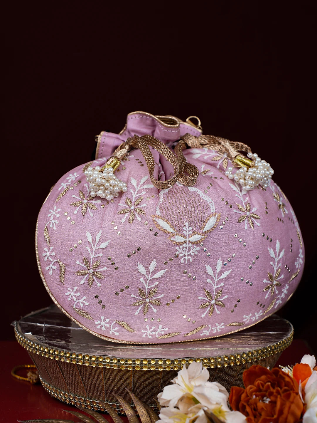 Ada Hand Embroidered Pink Silk Lucknowi Chikankari Potli Bag With Zari Work 01A738572