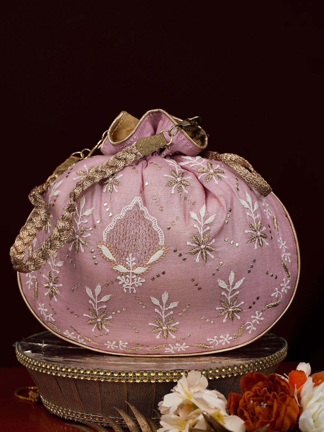 Ada Hand Embroidered Pink Silk Lucknowi Chikankari Potli Bag With Zari Work 01A738572