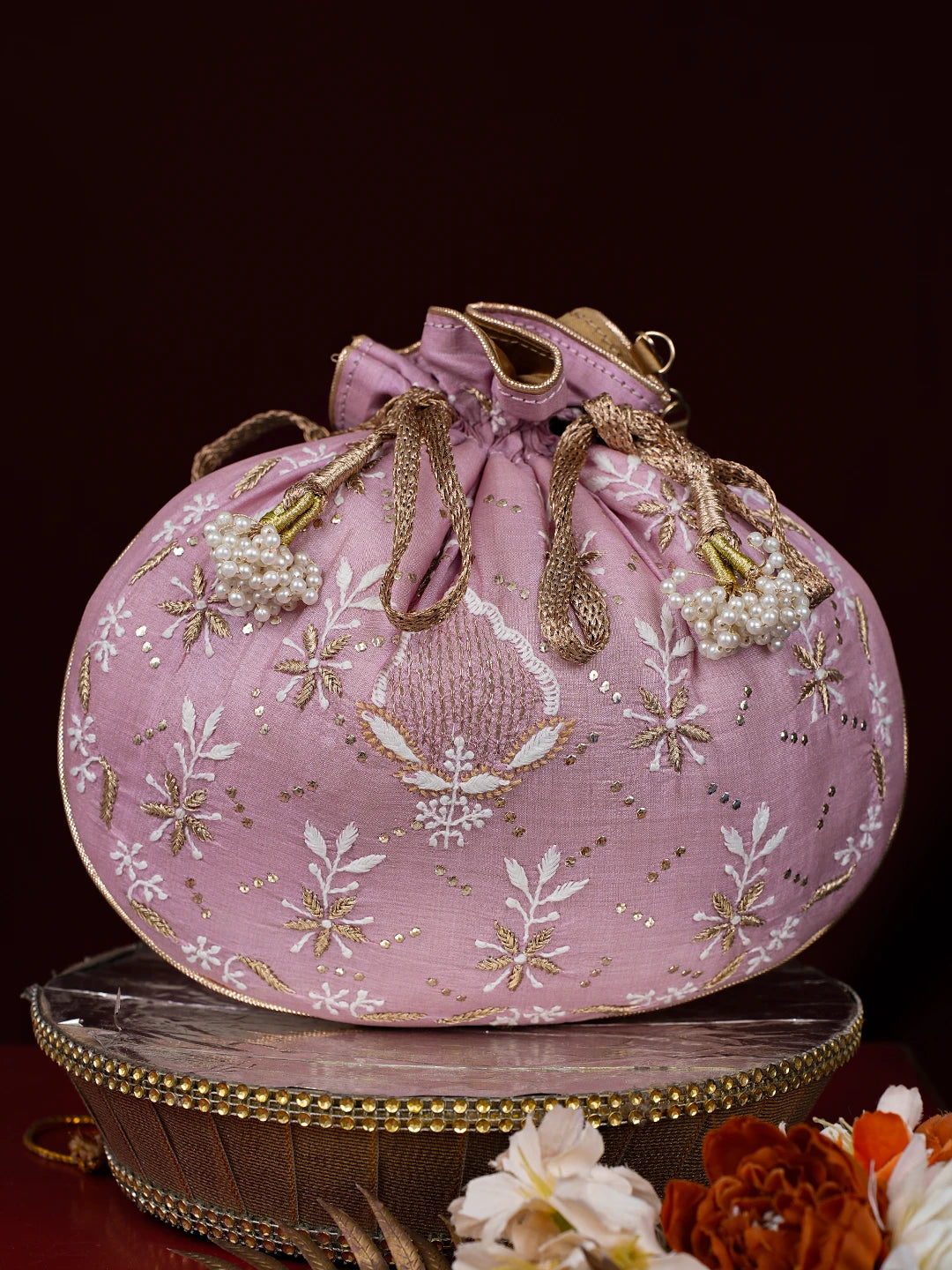 Ada Hand Embroidered Pink Silk Lucknowi Chikankari Potli Bag With Zari Work 01A738572