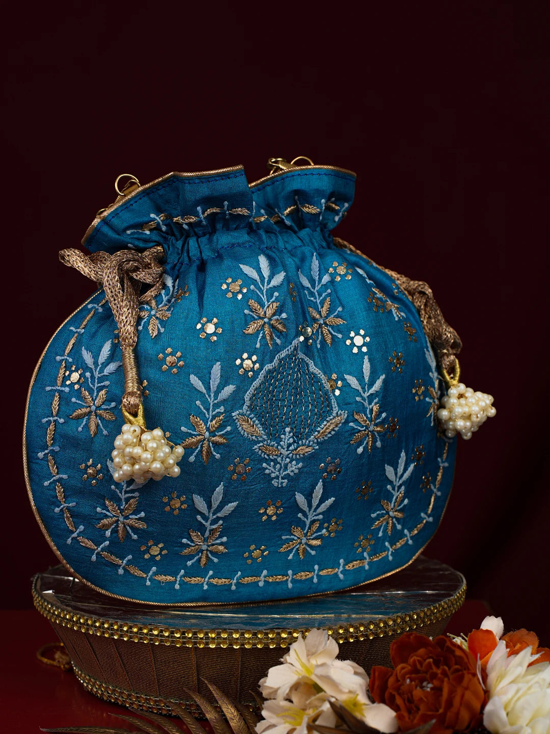 Ada Hand Embroidered Peacock Blue Silk Lucknowi Chikankari Potli Bag With Zari Work 01A784466