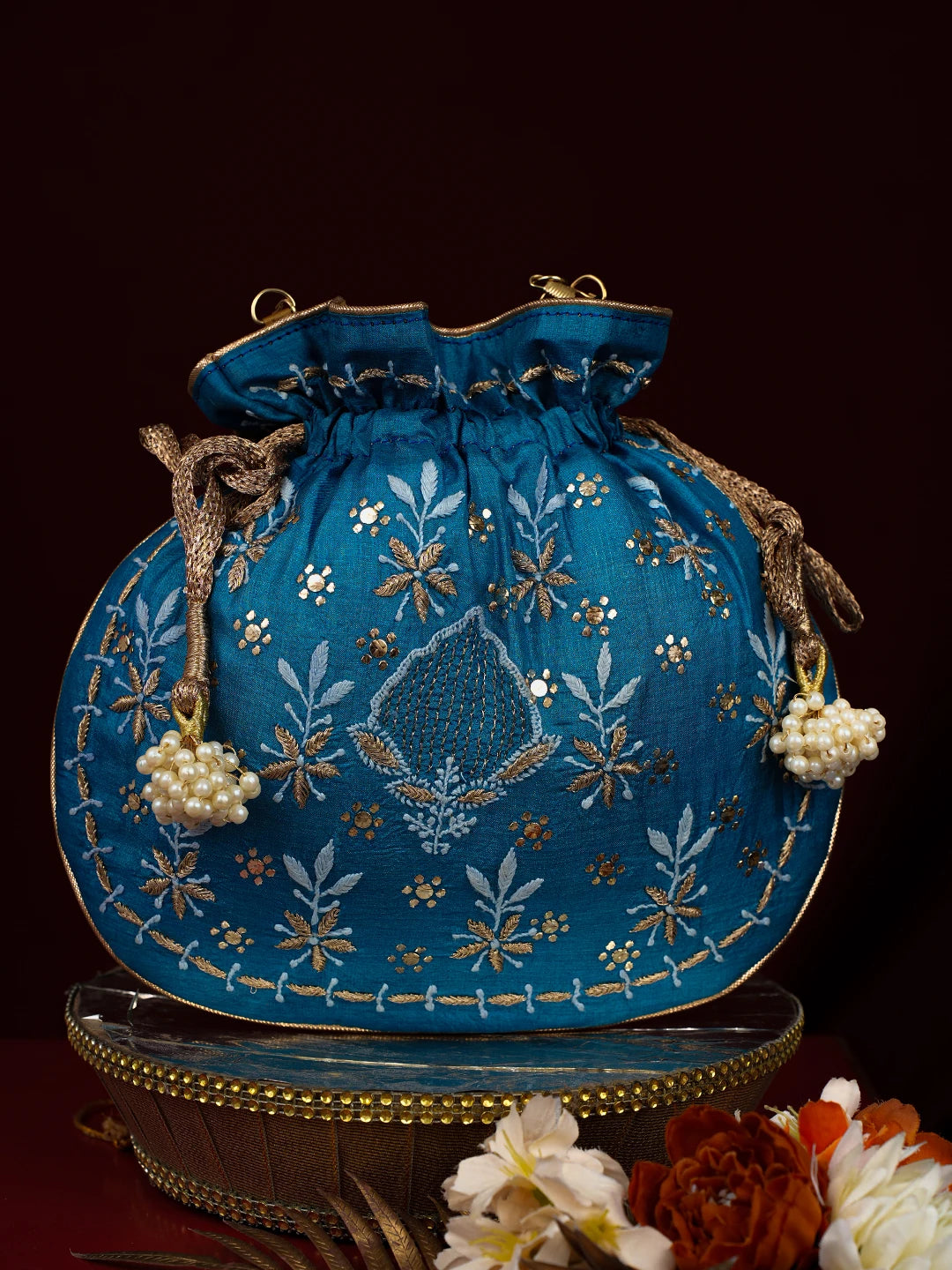 Ada Hand Embroidered Peacock Blue Silk Lucknowi Chikankari Potli Bag With Zari Work 01A784466