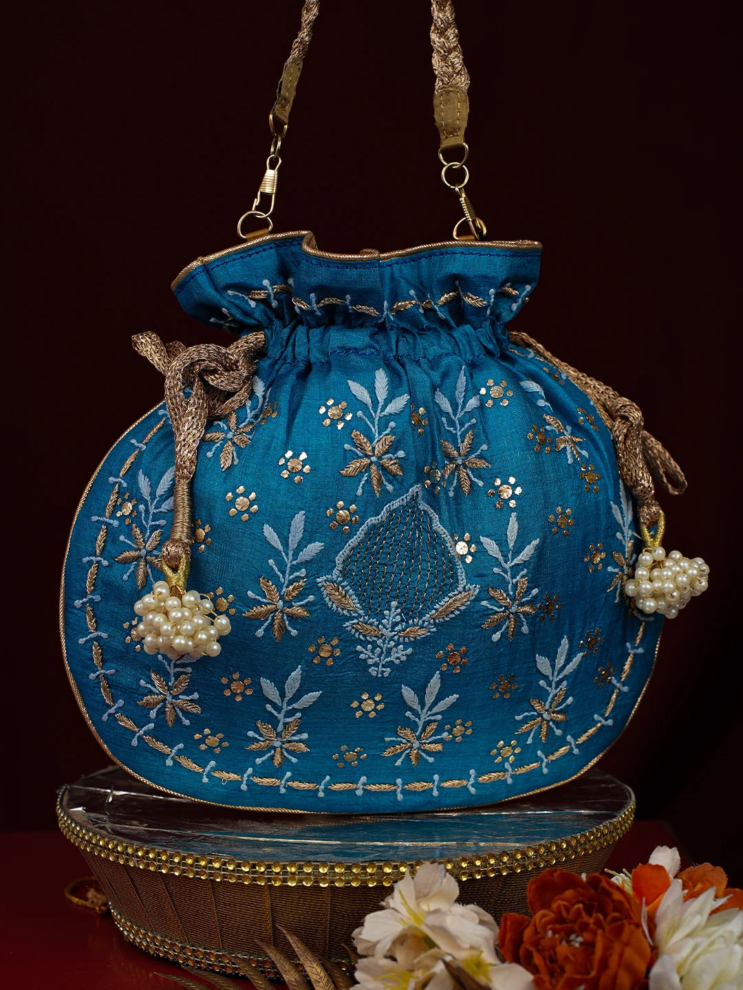 Ada Hand Embroidered Peacock Blue Silk Lucknowi Chikankari Potli Bag With Zari Work 01A784466