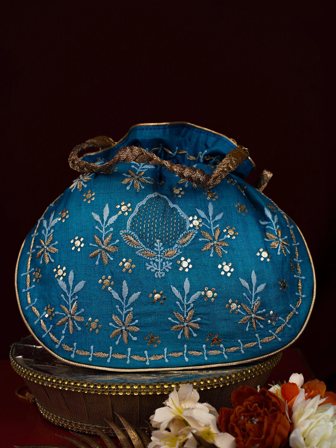 Ada Hand Embroidered Peacock Blue Silk Lucknowi Chikankari Potli Bag With Zari Work 01A784466