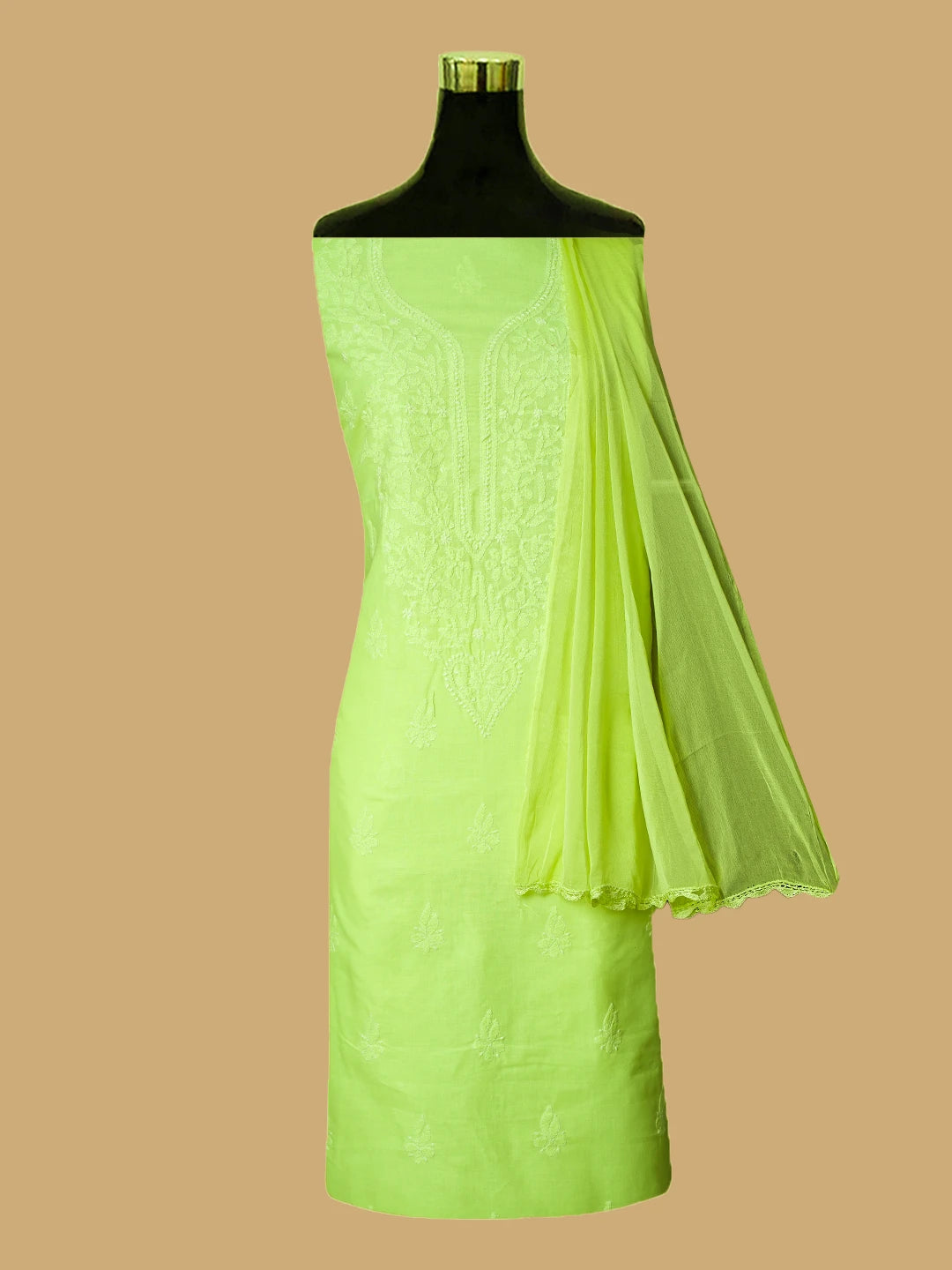 Ada Hand Embroidered Chartreuse Yellow Cotton Lucknowi Chikankari Unstitched Suit Piece 01A758809