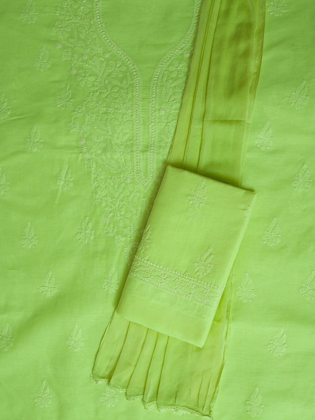 Ada Hand Embroidered Chartreuse Yellow Cotton Lucknowi Chikankari Unstitched Suit Piece 01A758809