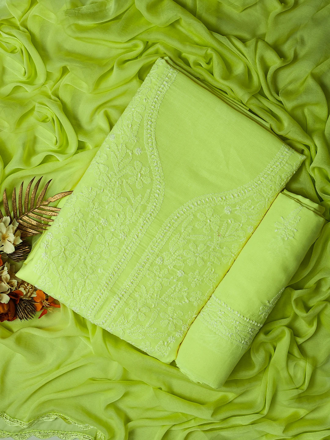 Ada Hand Embroidered Chartreuse Yellow Cotton Lucknowi Chikankari Unstitched Suit Piece 01A758809