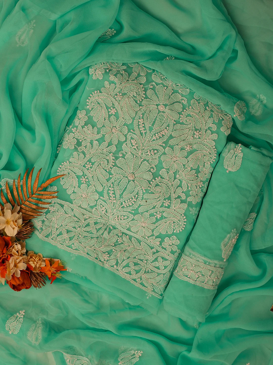 Ada Hand Embroidered Sea Green Georgette Lucknowi Chikankari Unstitched Suit Piece 01A793569