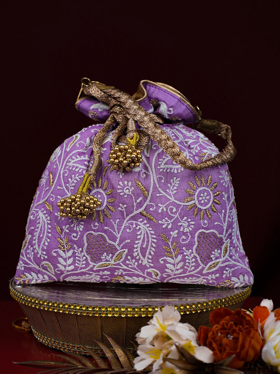 Ada Hand Embroidered Mauve Silk Lucknowi Chikankari Potli Bag With Zari Work 01A784297