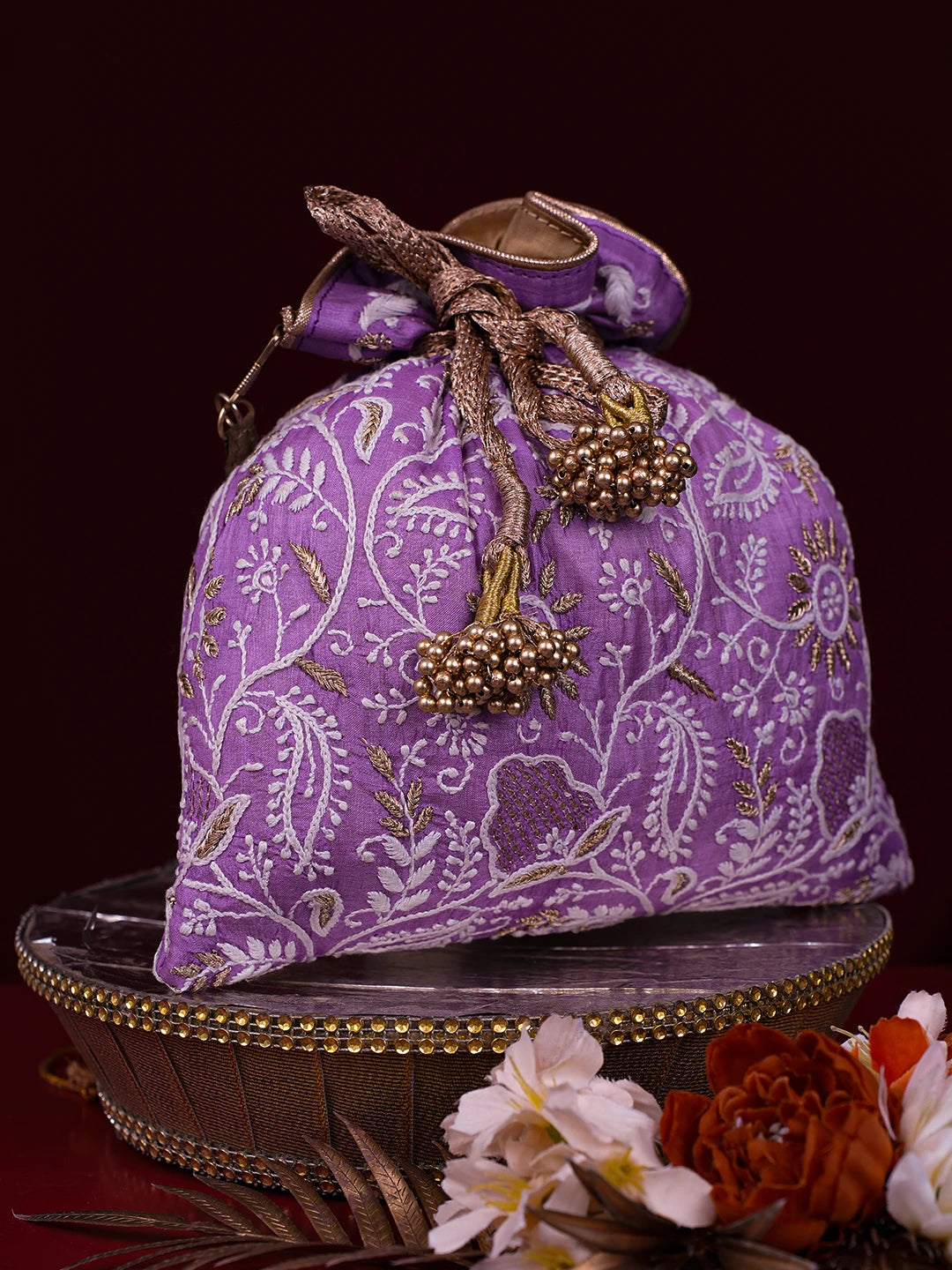 Ada Hand Embroidered Mauve Silk Lucknowi Chikankari Potli Bag With Zari Work 01A784297