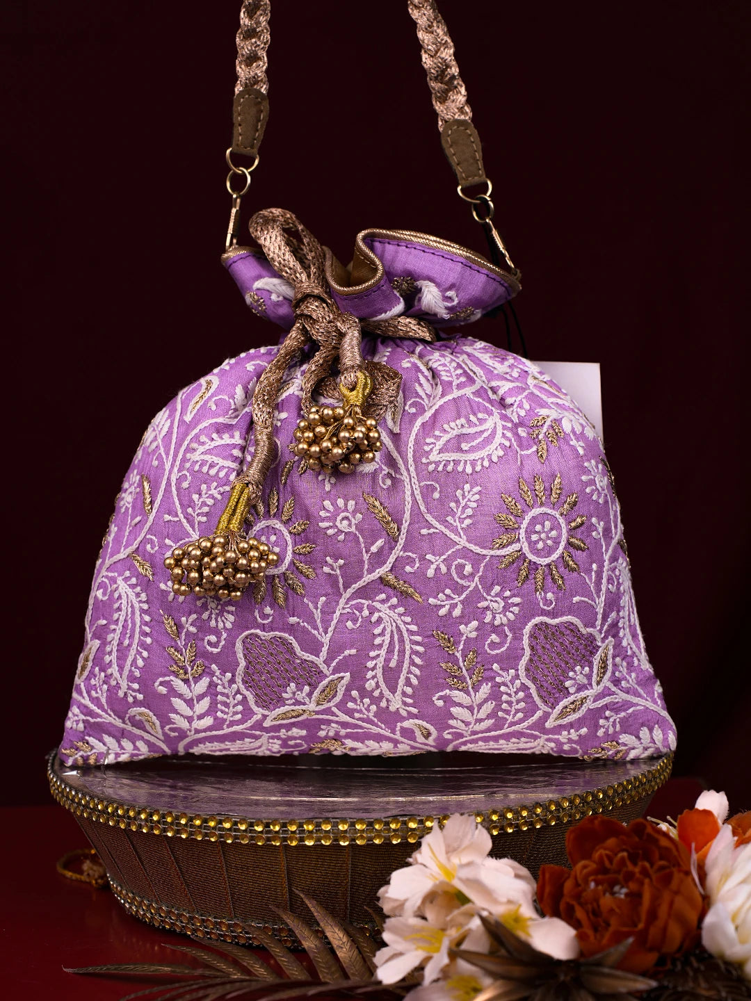 Ada Hand Embroidered Mauve Silk Lucknowi Chikankari Potli Bag With Zari Work 01A784297