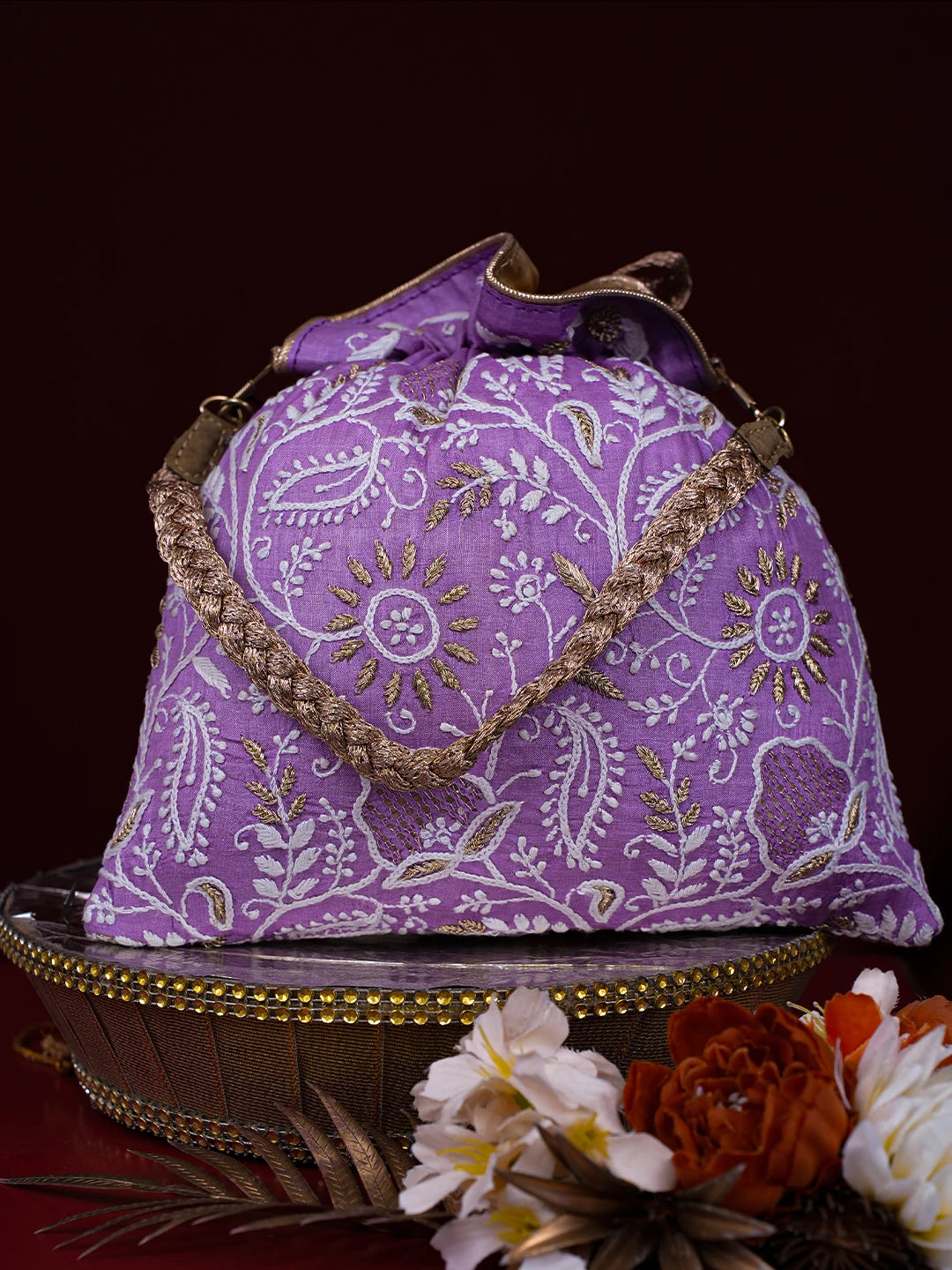Ada Hand Embroidered Mauve Silk Lucknowi Chikankari Potli Bag With Zari Work 01A784297
