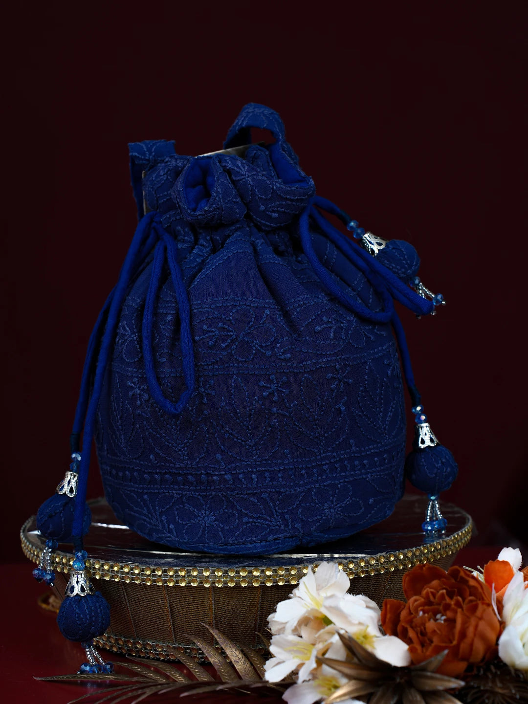 Ada Hand Embroidered Blue Viscose Georgette Lucknowi Chikankari Potli Bag 01A704131