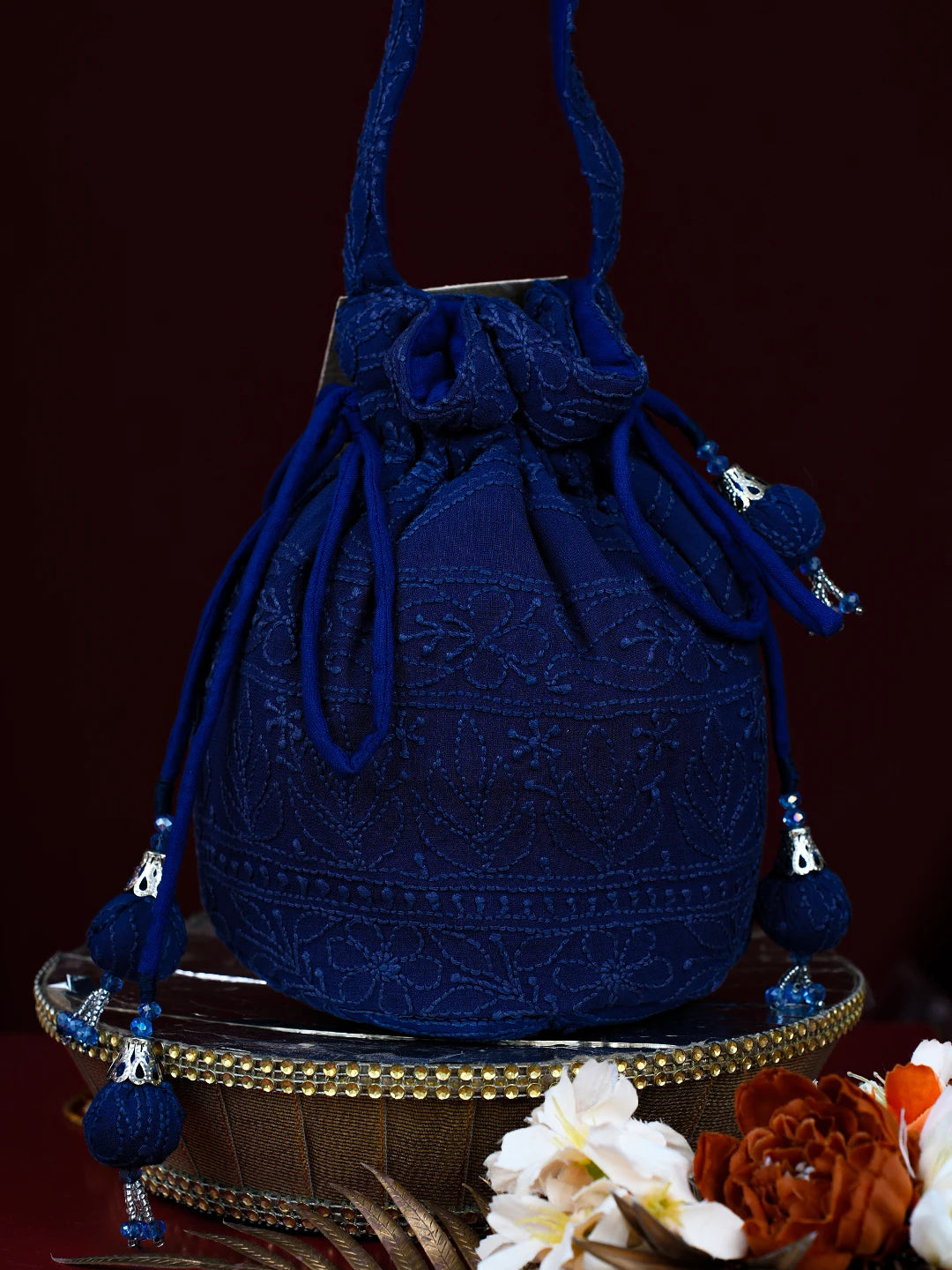 Ada Hand Embroidered Blue Viscose Georgette Lucknowi Chikankari Potli Bag 01A704131