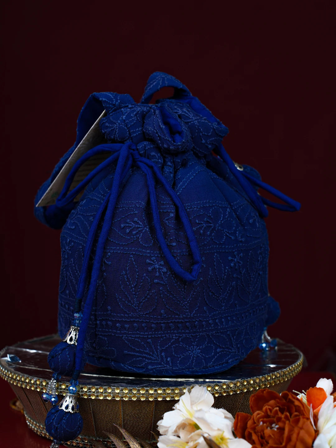 Ada Hand Embroidered Blue Viscose Georgette Lucknowi Chikankari Potli Bag 01A704131