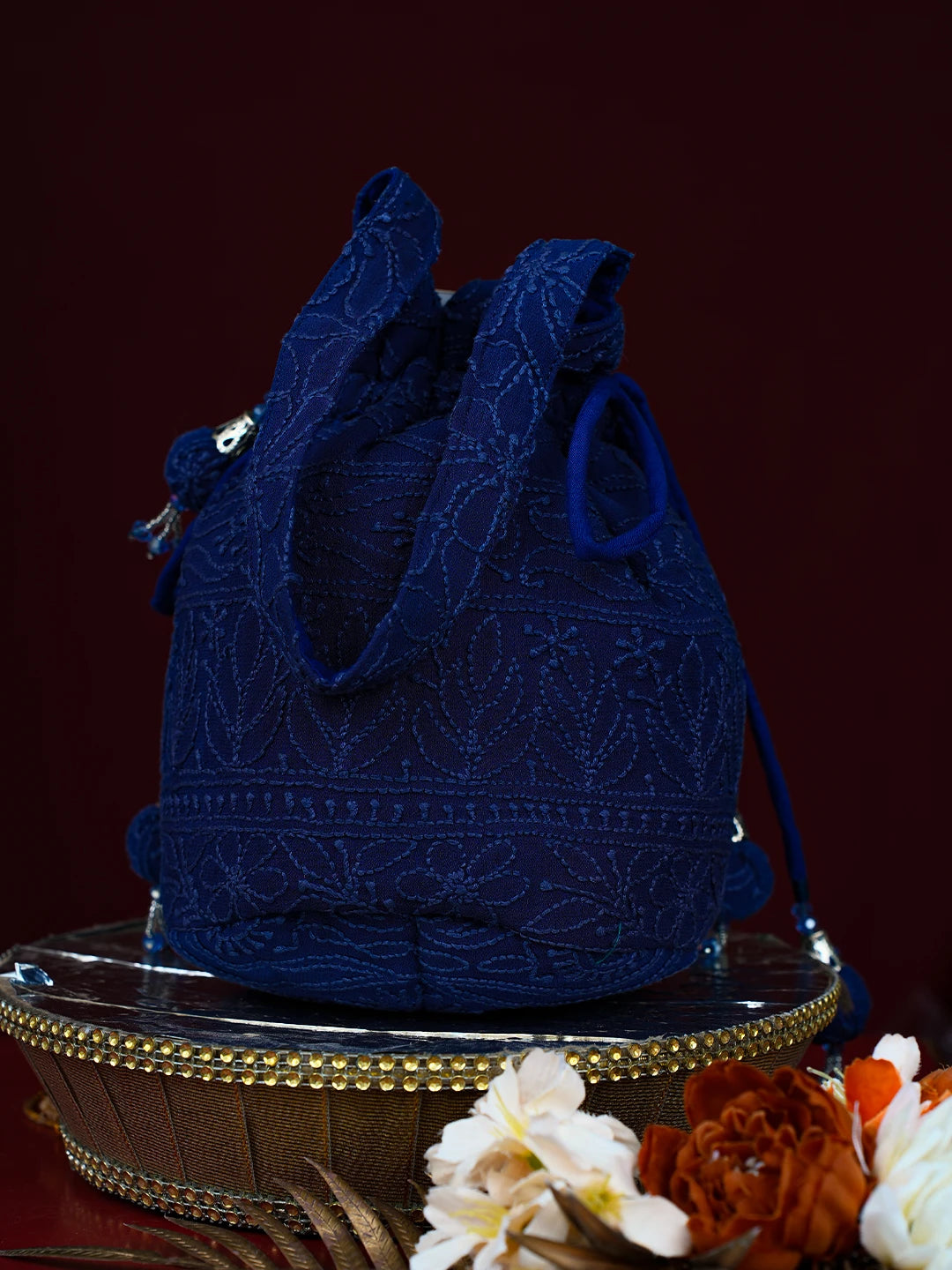Ada Hand Embroidered Blue Viscose Georgette Lucknowi Chikankari Potli Bag 01A704131