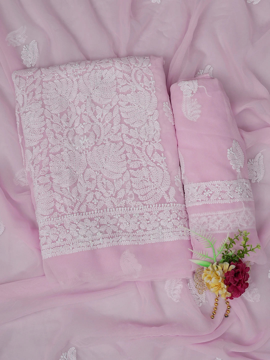 Ada Hand Embroidered Pink Georgette Lucknowi Chikankari Unstitched Suit Piece 01A793519